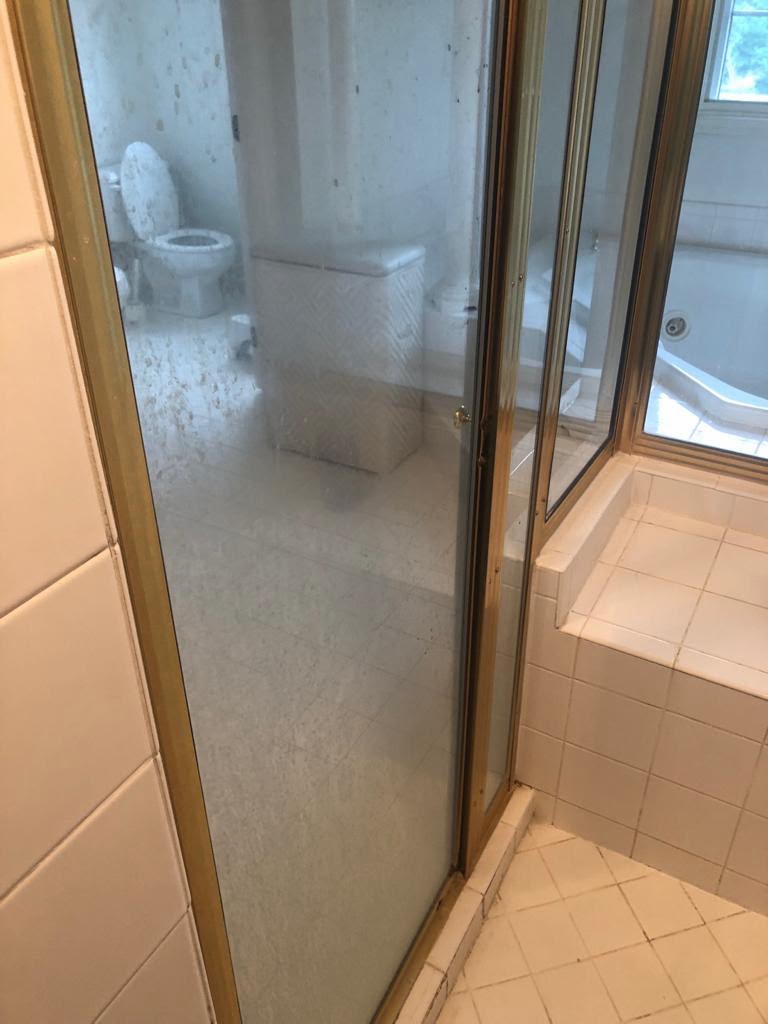 Shower glass door clouded with soap scum and residue before cleaning